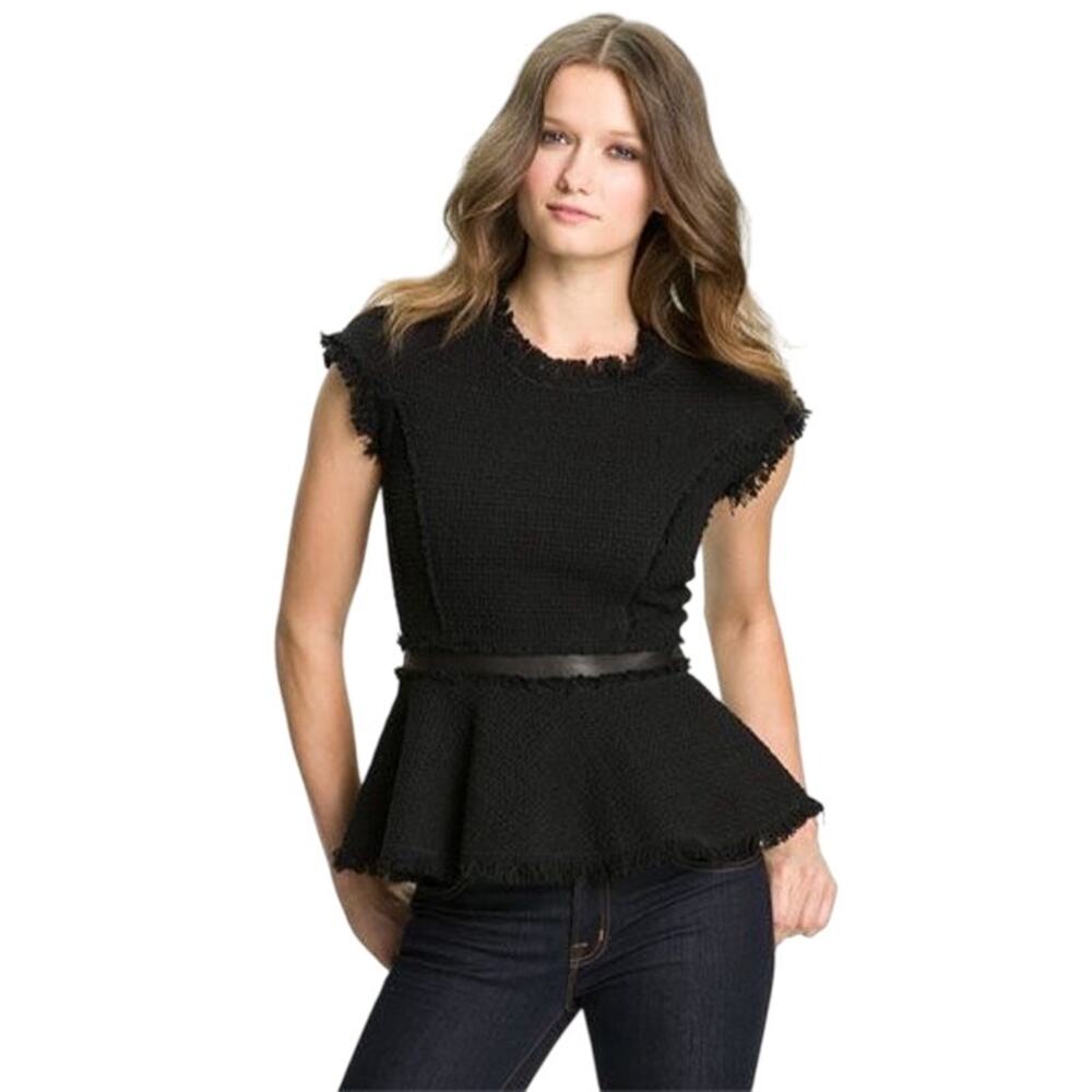 Rebecca Taylor Black Tweed Peplum Top 2 Leather Trim Fringe Wool Y2K Designer